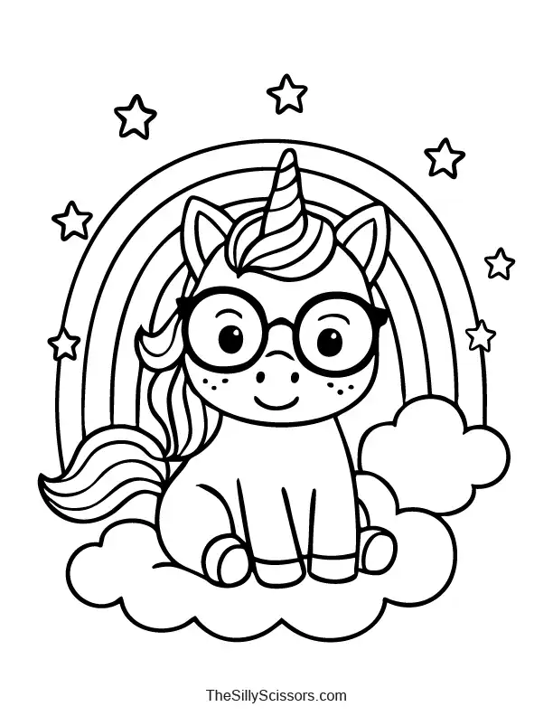 Cute unicorn with glasses and freckles coloring page preview