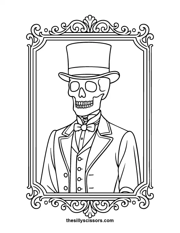 Victorian Skeleton Portrait – Halloween Coloring Page (Printable PDF) A skeleton dressed in Victorian clothing framed in ornate decoration—elegant and spooky coloring page.