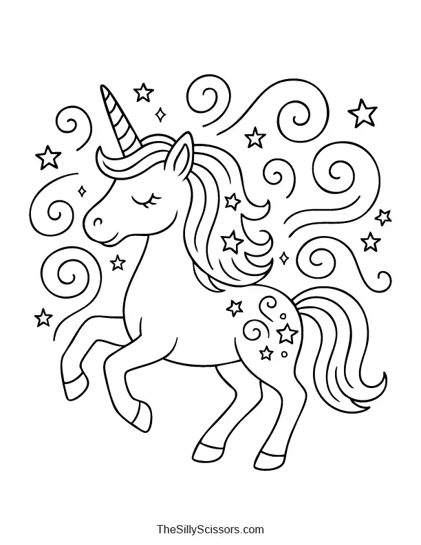 Whimsical unicorn with magical swirls – fantasy printable coloring sheet