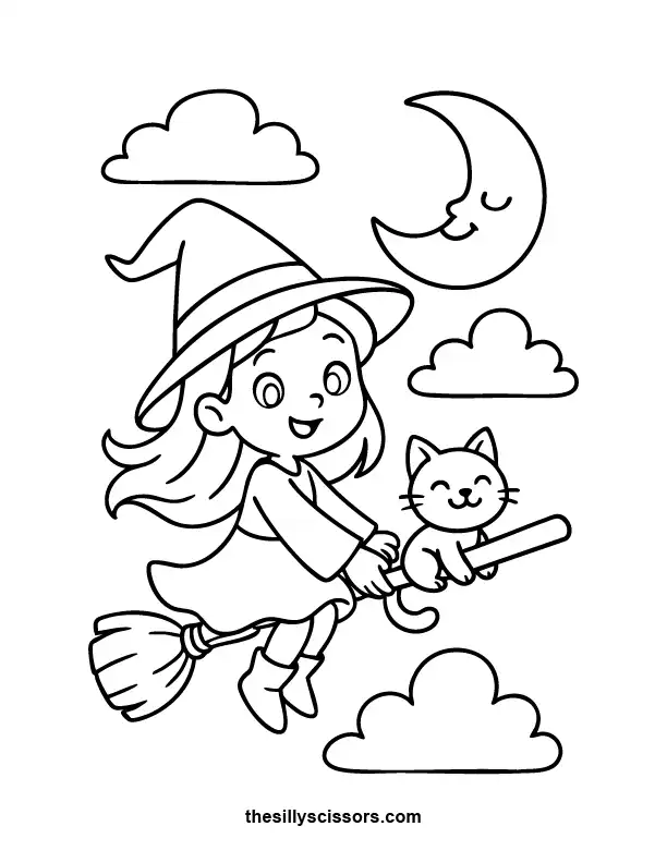Witch and Cat on Broom – Halloween Coloring Page (Printable PDF) A friendly witch flying across the moon on her broom with her cat — detailed Halloween coloring page for all ages.