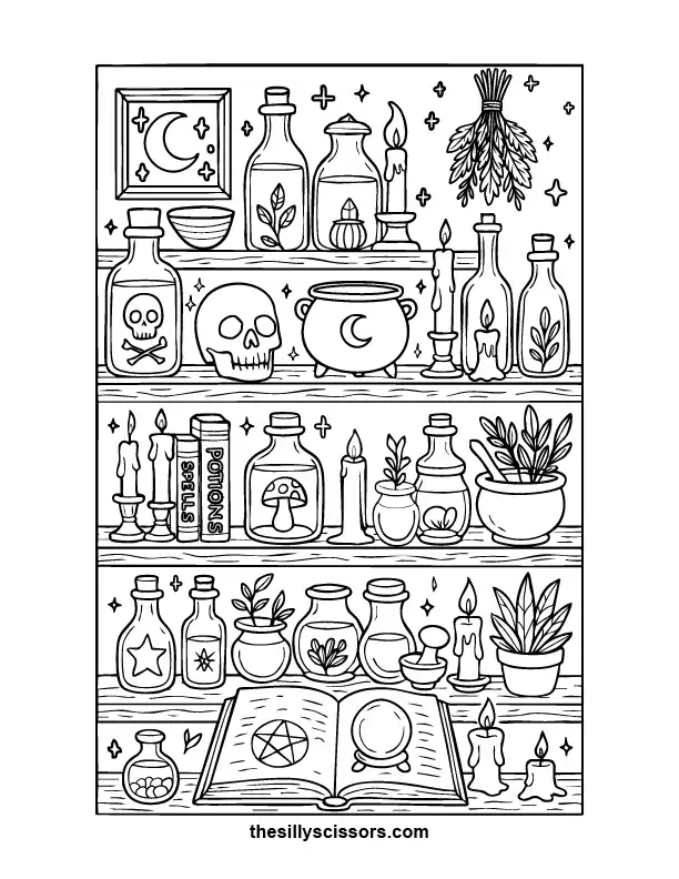 Witch Apothecary Shelves – Halloween Coloring Page (Printable PDF) Potion bottles, herbs, and spell books arranged on witch’s shelves—a cozy witchcore coloring design.