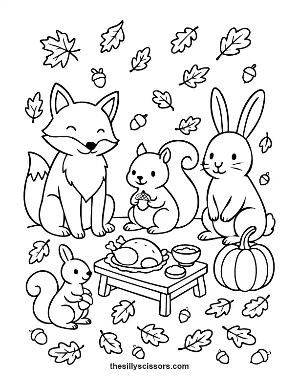 Woodland animals including fox, rabbits, and squirrels sharing a Friendsgiving meal – cute Thanksgiving coloring page.
