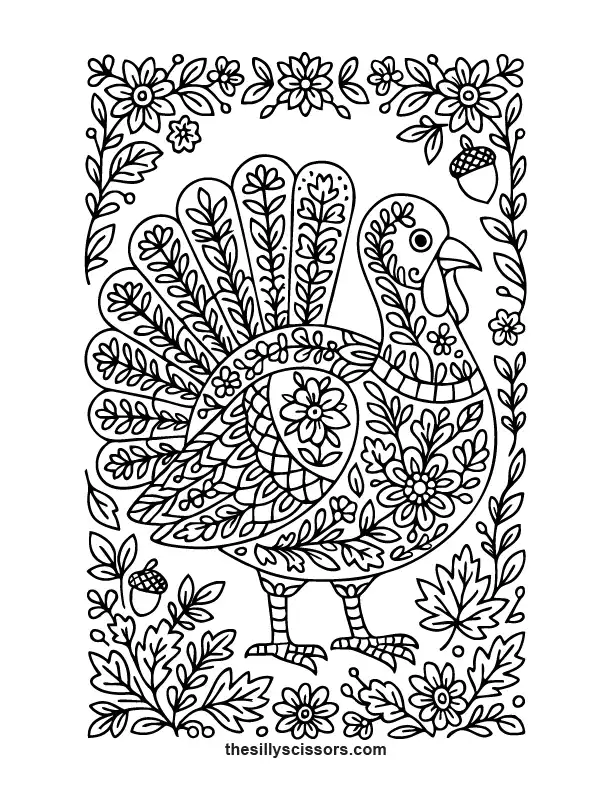 Zentangle turkey with floral and paisley feathers – detailed Thanksgiving coloring page for adults.