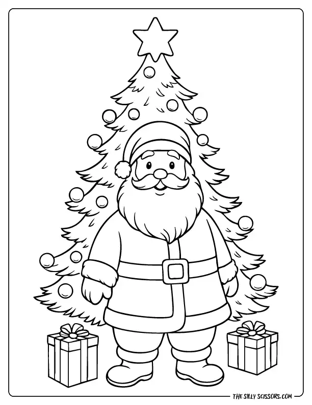 Cute standing Santa from the free printable Santa coloring pages set.