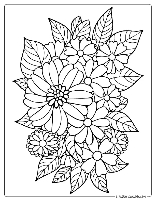 Detailed floral bouquet coloring page with layered flowers and leaves, clean black-and-white line art for relaxing adult coloring.
