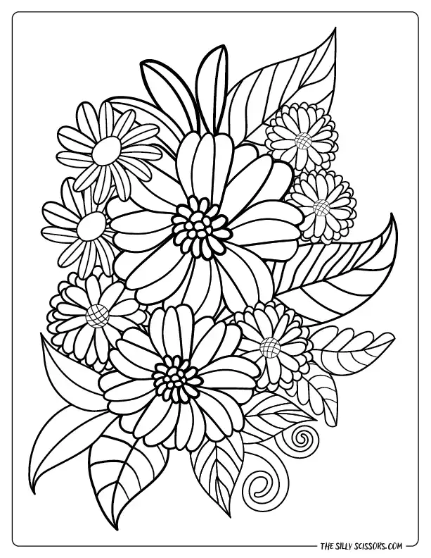 Elegant floral coloring page with layered flowers and flowing leaves, designed for relaxing adult coloring and mindful creativity.