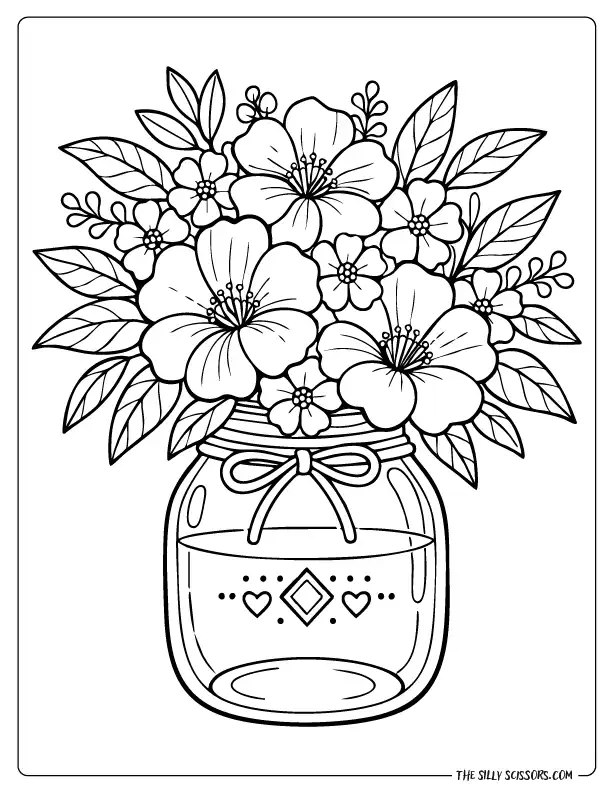 Detailed flower bouquet in a decorative jar, clean black-and-white line art coloring page for adults to print and color.