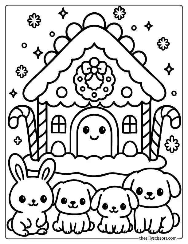 Adorable gingerbread house coloring page with cute bunnies and snowy holiday details.