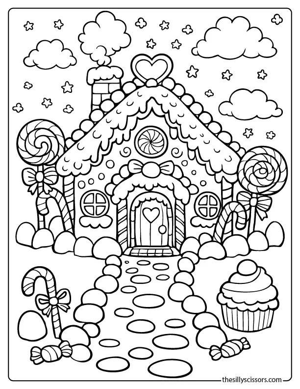Detailed gingerbread house coloring page with candy path, frosting roof, and Christmas treats.