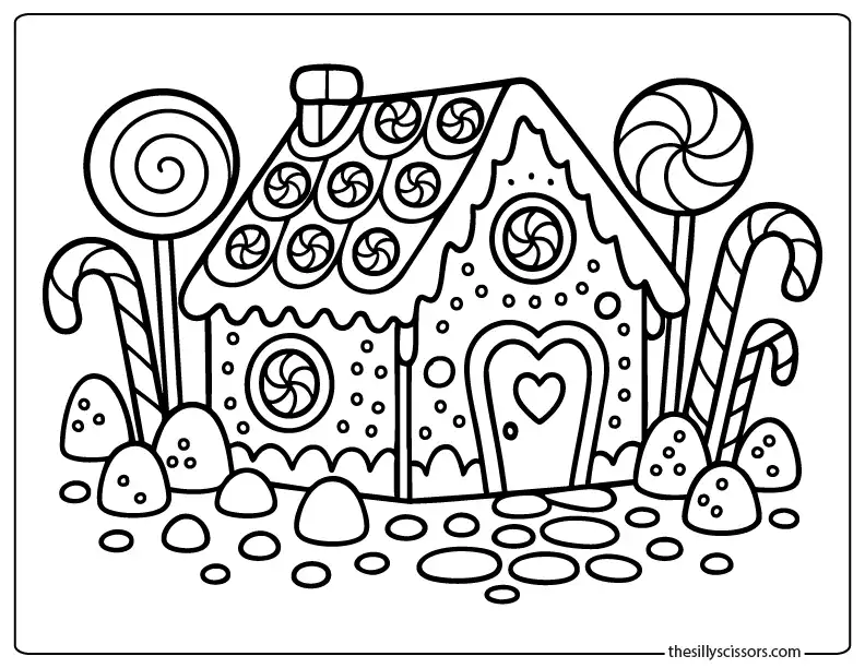 Whimsical gingerbread house coloring page with candy-covered roof and playful Christmas elements.
