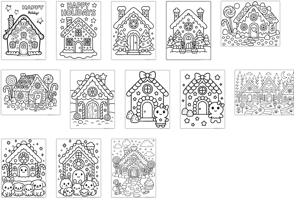 Preview of 13 gingerbread house coloring pages included in a printable PDF bundle with festive Christmas designs.