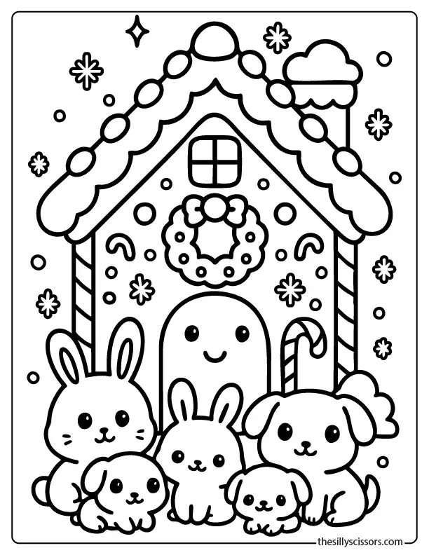 Gingerbread house coloring page featuring a group of cute animals in a festive winter scene.