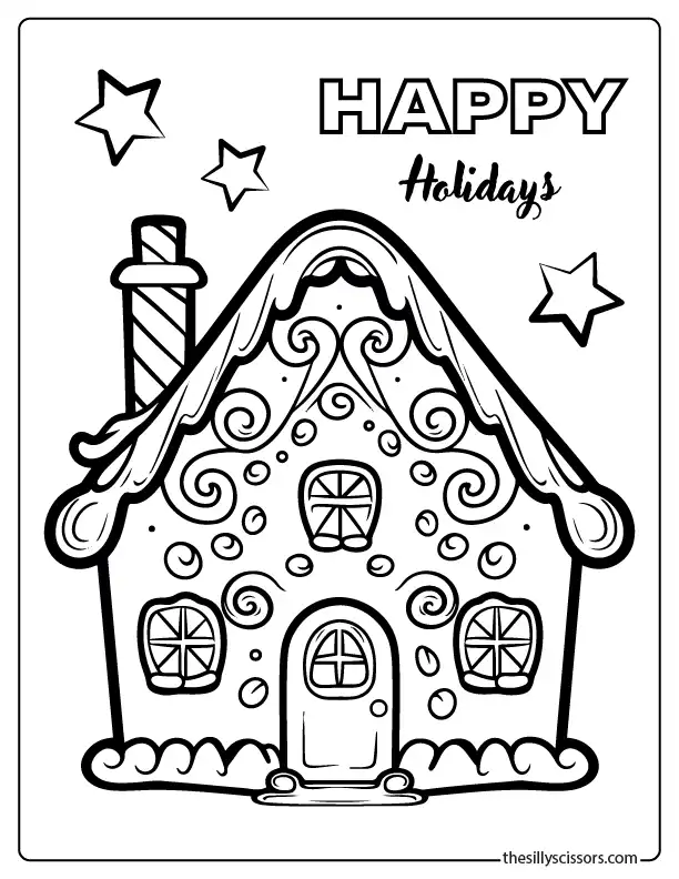 Gingerbread house coloring page with “Happy Holidays” text, stars, and festive frosting details.