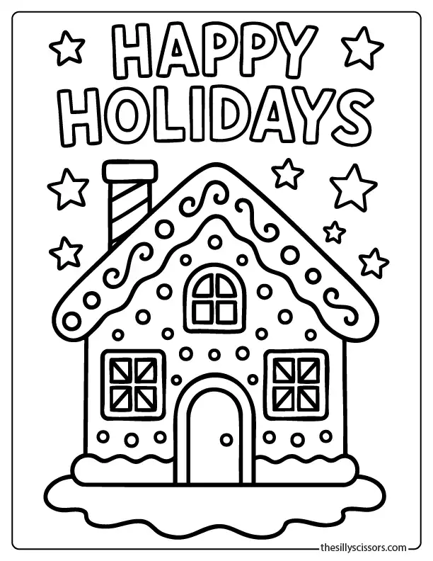 Printable gingerbread house coloring page featuring bold Happy Holidays lettering and decorative stars.