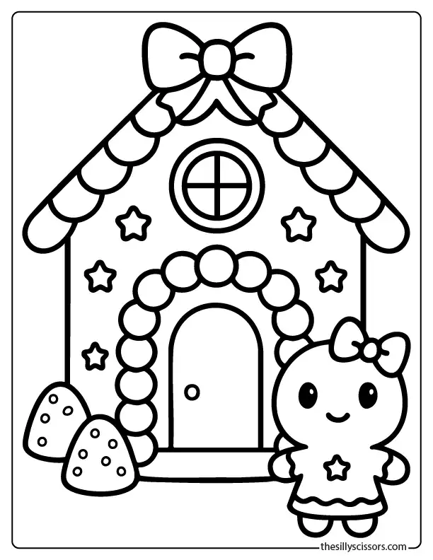 Cute gingerbread house coloring page with a kawaii character standing next to the house.