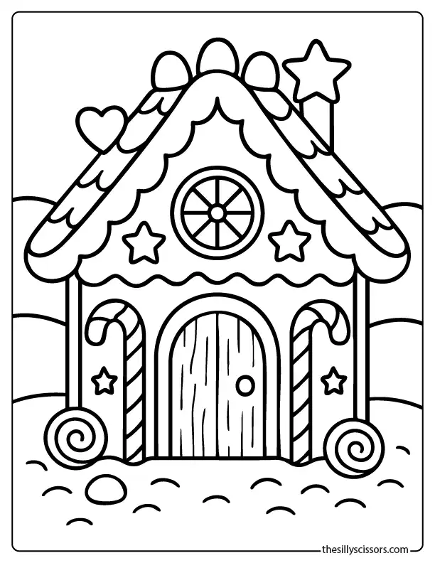 Festive gingerbread house coloring page with star decorations and a frosted roof design.
