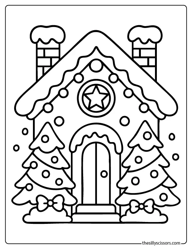 Christmas gingerbread house coloring page with snowy roof, trees, and candy-style decorations.