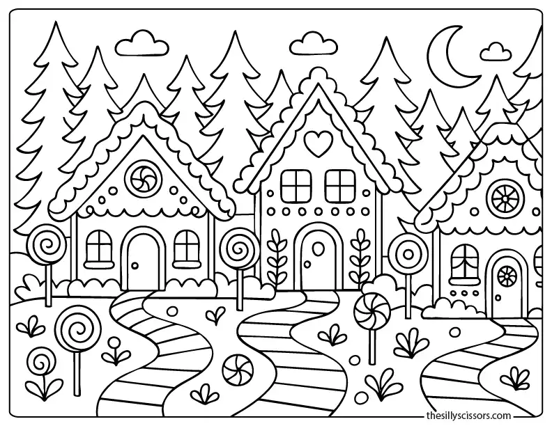 Gingerbread houses coloring page with a forest background and winding candy path.