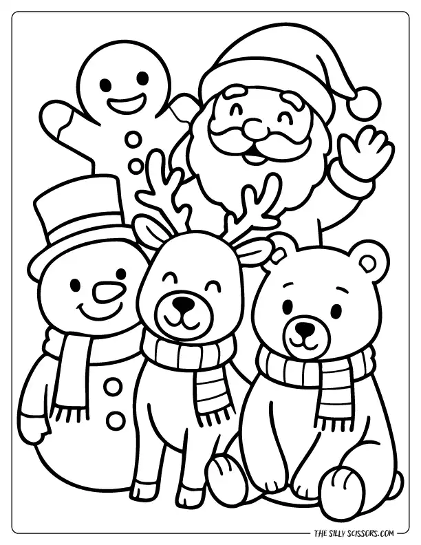 Santa with a gingerbread man, snowman, and reindeer, group Christmas coloring page.