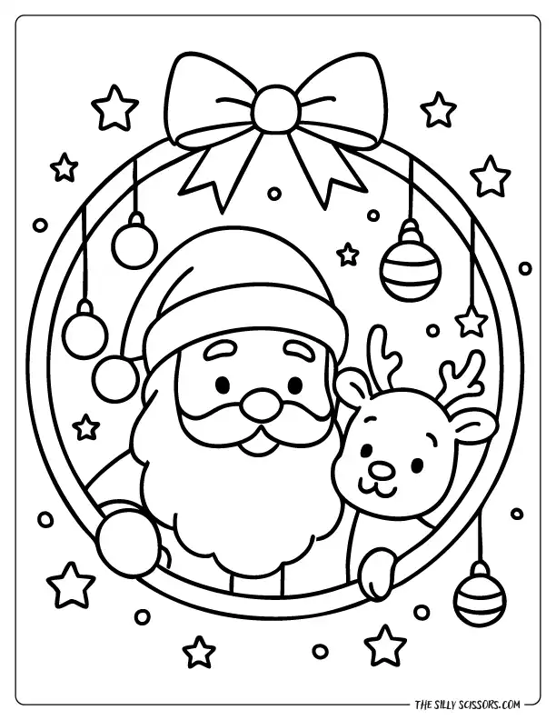 Santa and a baby reindeer inside a Christmas ornament frame with stars and decorations.”