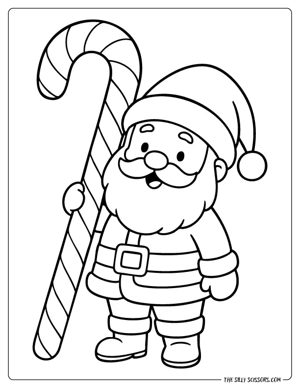 Santa carrying an oversized candy cane, festive holiday coloring page.
