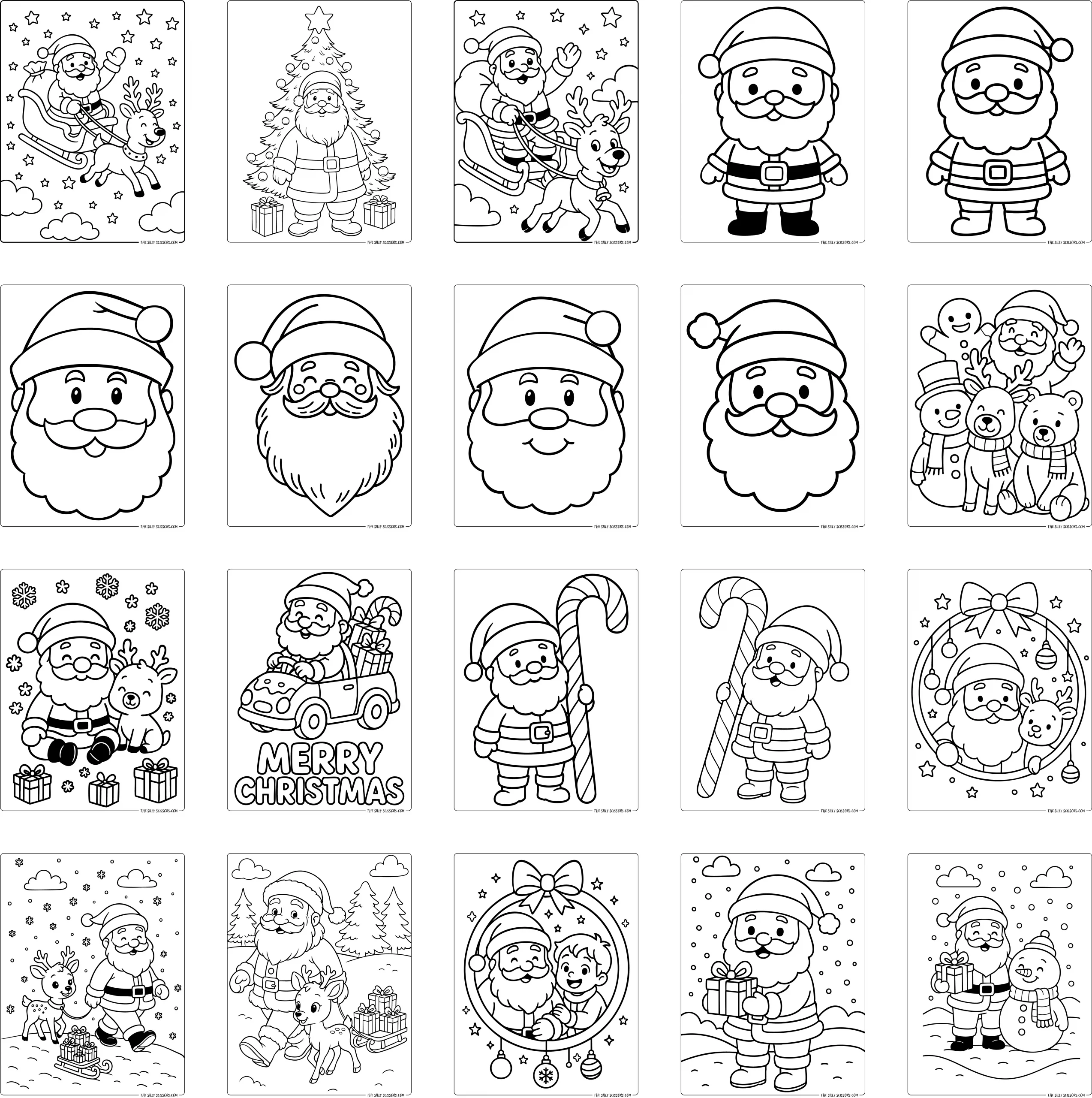 Free printable Santa coloring pages bundle showing all 20 designs.
