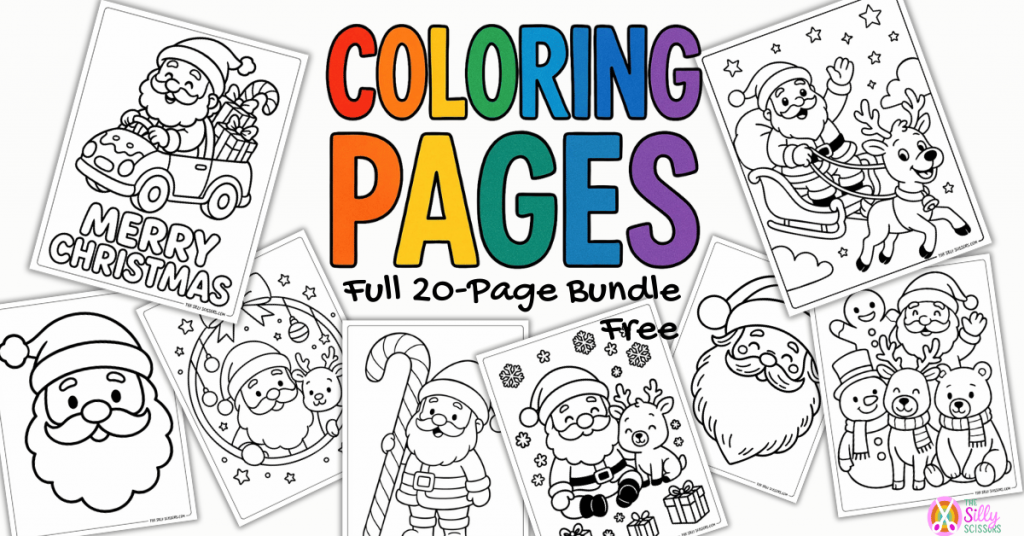 Collage of 20 free printable Santa coloring pages, including Santa, reindeer, candy canes, and Christmas scenes.