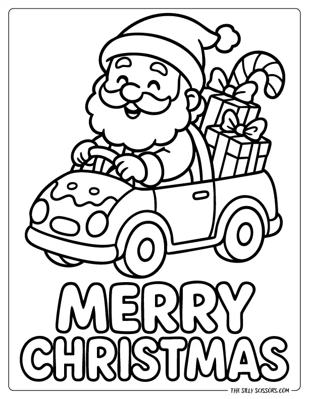 anta driving a festive Christmas car filled with presents, Merry Christmas coloring page.