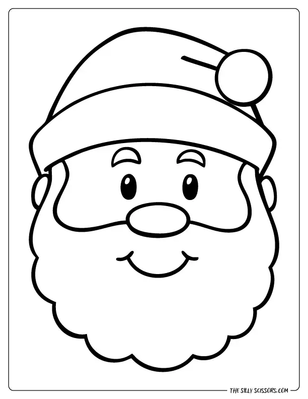 Large Santa face with fluffy beard and hat, easy outline for coloring.