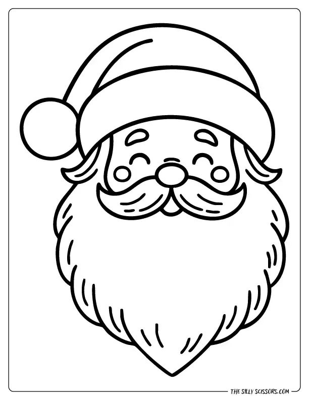 Santa face with big fluffy beard and curled mustache, holiday coloring page.