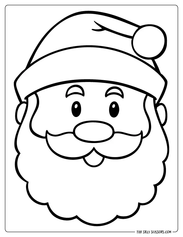 Santa Claus head with hat, beard, and friendly face, Christmas coloring page.