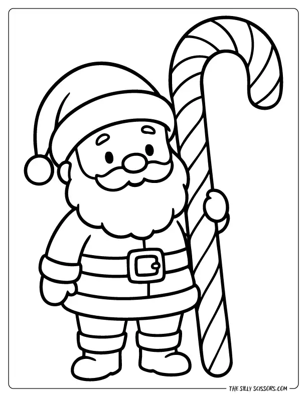 Santa Claus holding a large striped candy cane, Christmas coloring sheet.