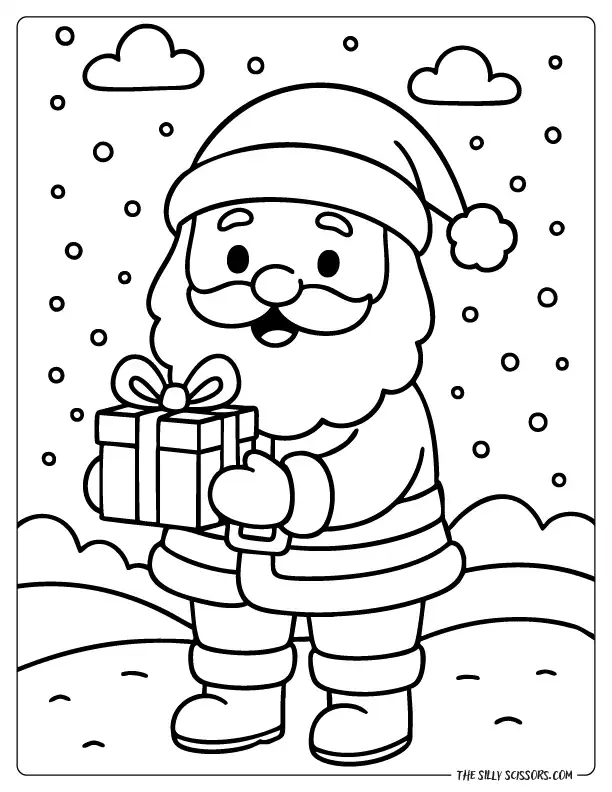 Santa Claus holding a wrapped Christmas present in a snowy scene.