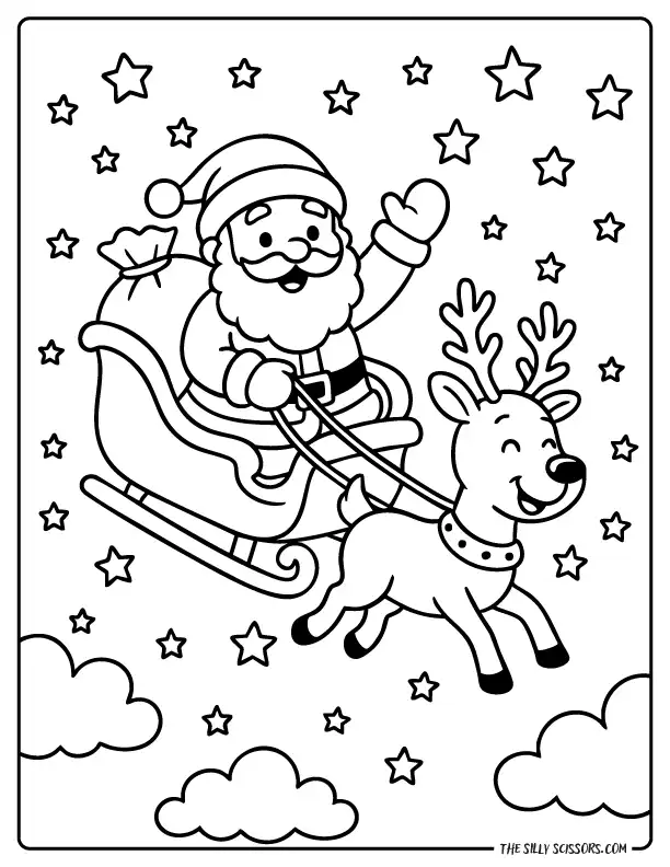 Santa sleigh and reindeer coloring page from our free printable Santa pages collection.
