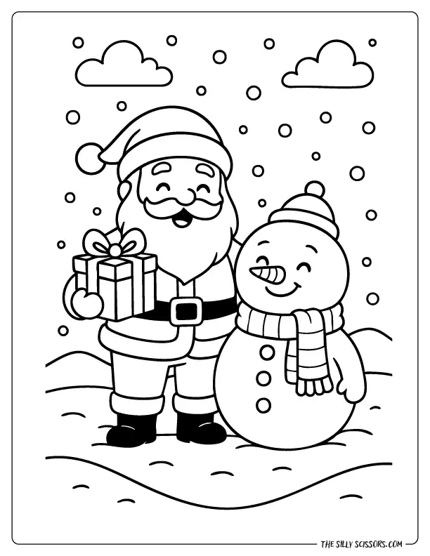 Santa and a snowman standing together with Christmas gifts in the snow.