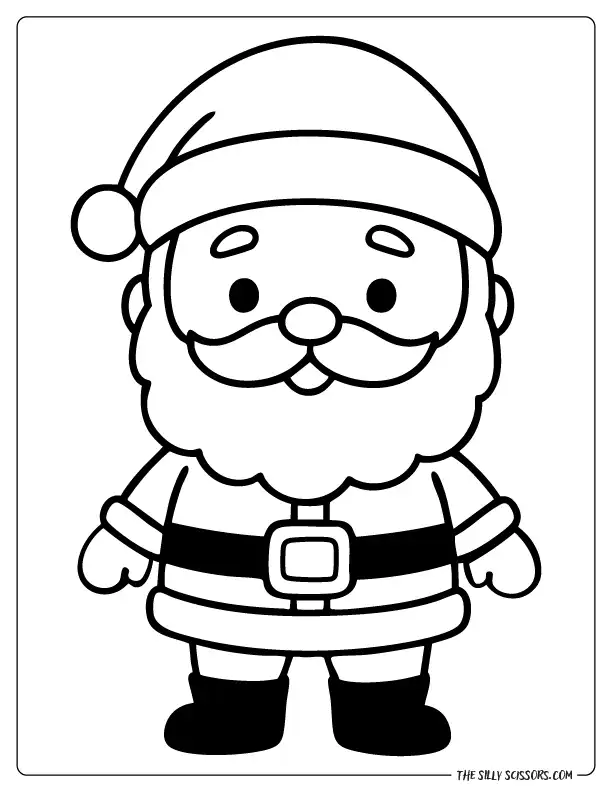 Simple Santa Claus standing and smiling, easy outline Christmas coloring page.