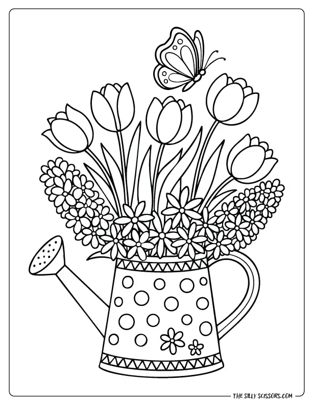 Spring flower bouquet in a polka-dot watering can coloring sheet with butterflies overhead.