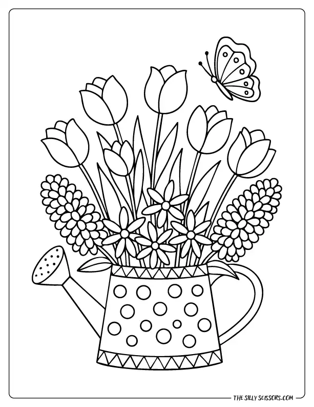 Decorative watering can filled with tulips, daisies, and hyacinths, spring-themed adult coloring page in clean line art.