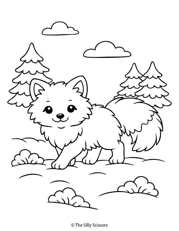 Fluffy arctic fox walking through snow with pine trees, calm winter forest animal coloring page.