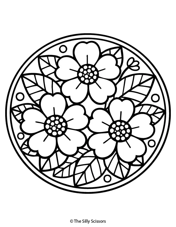 Botanical mandala adult coloring page inspired by nature.