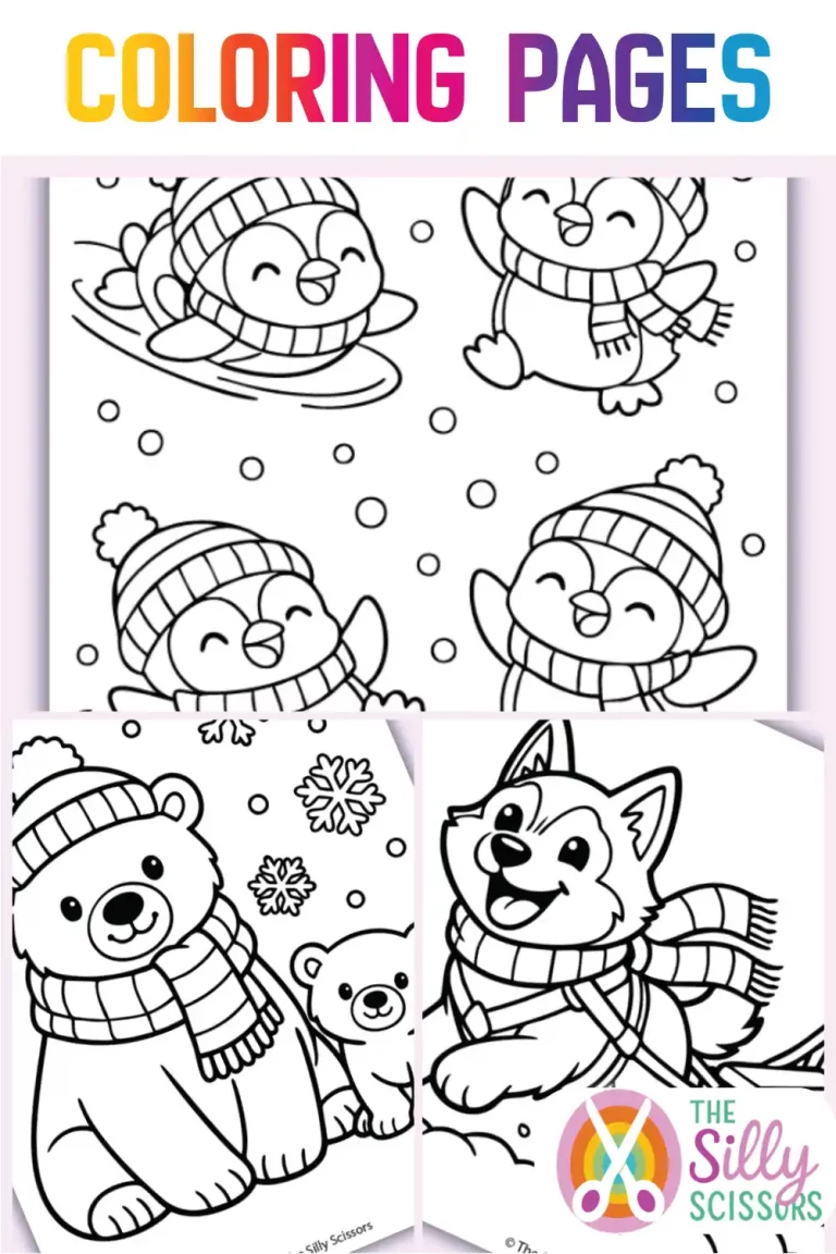 Preview of cute winter animals coloring pages featuring penguins, a polar bear, and a husky in cozy winter scenes.