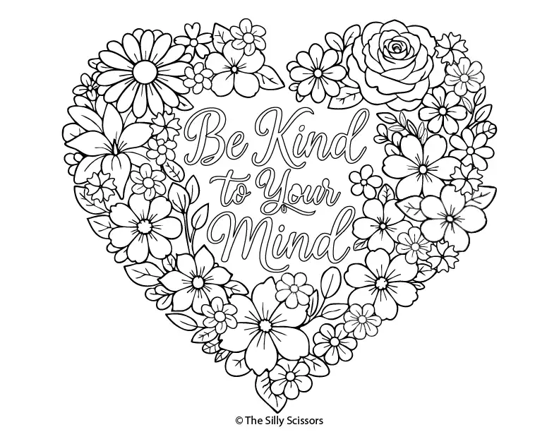 Heart-shaped mindfulness coloring page filled with intricate patterns.