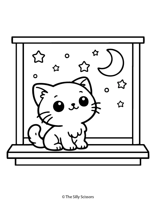 kitten-at-window-with-stars-coloring-page Kitten sitting at a window looking at stars, calming bedtime coloring page