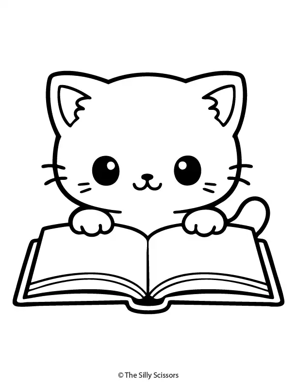 kitten-reading-book-coloring-page Cute kitten reading a book, educational printable coloring page for kids