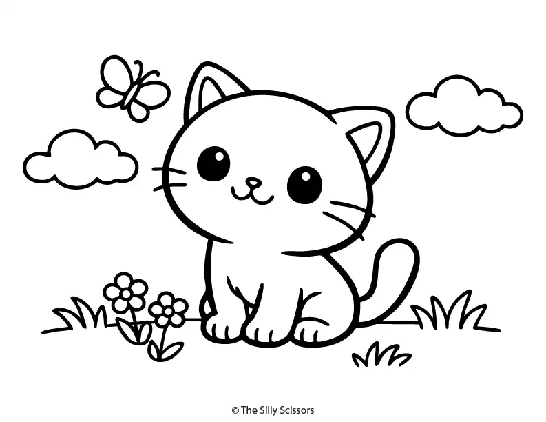 kitten-watching-butterfly-coloring-page Kitten watching a butterfly, nature inspired printable coloring page for kids