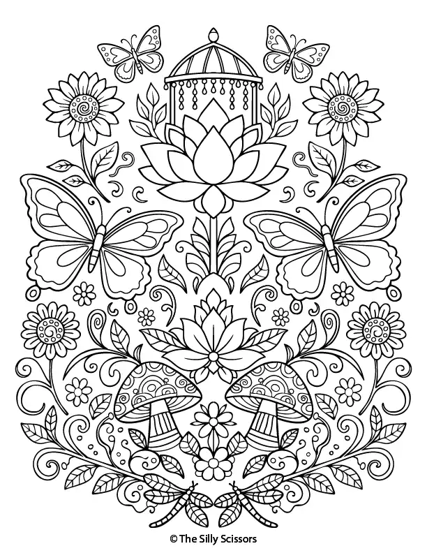 Floral mandala mindfulness coloring page with balanced, calming patterns.