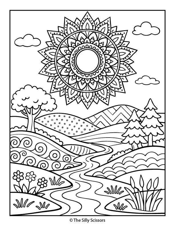Landscape mindfulness coloring page with sun and hills.