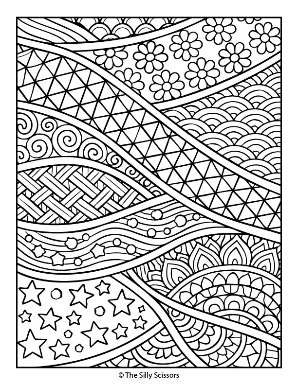 Wave-style pattern mindfulness coloring page for stress relief.