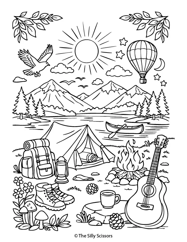 Mountain and music themed mindfulness coloring page.