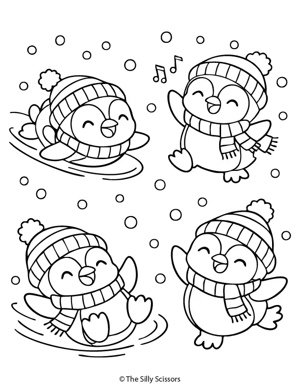Cute penguin wearing a scarf and winter hat, sliding on ice in a snowy winter scene coloring page.